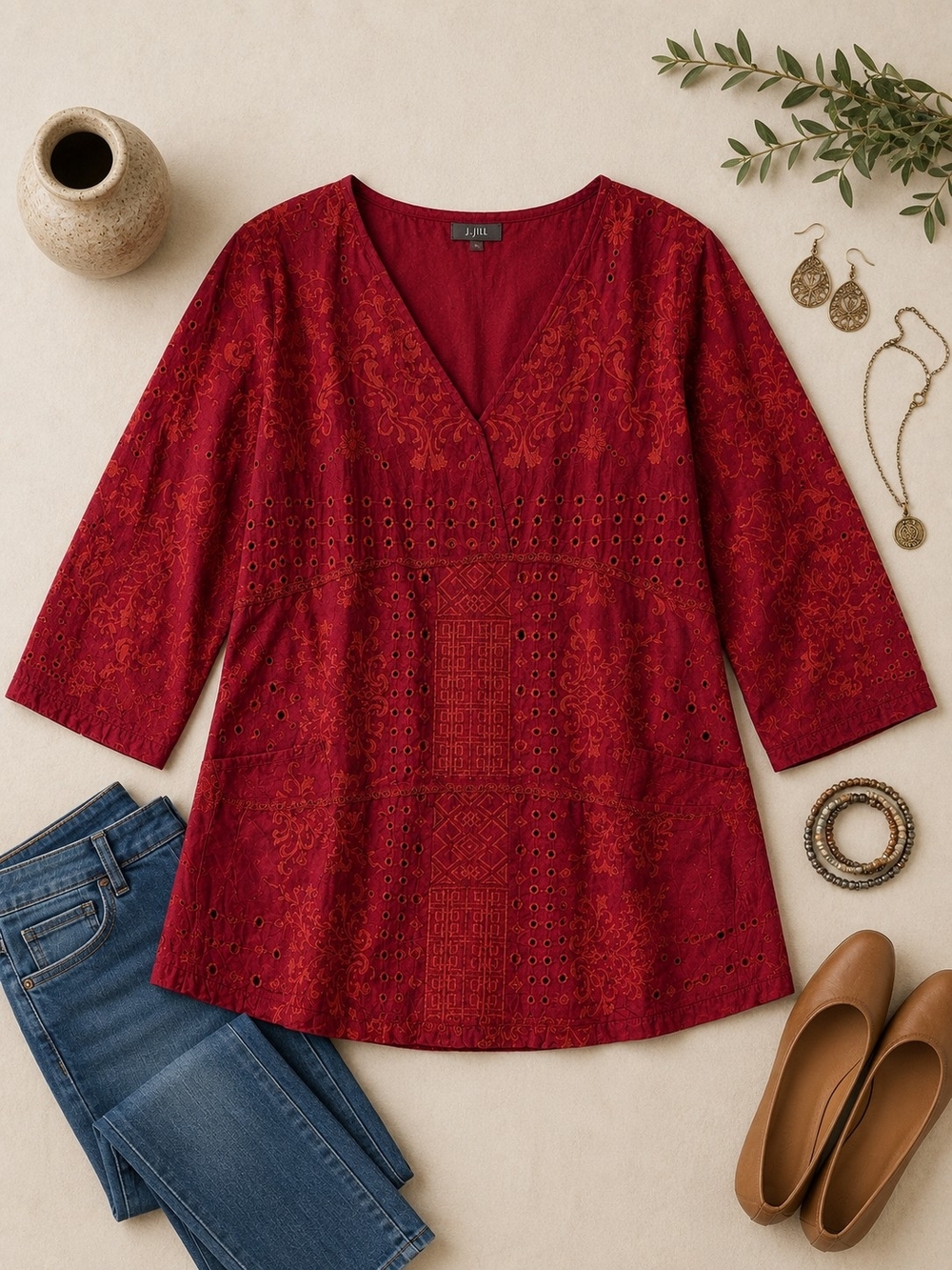John Mark Embroidered V-Neck Tunic - Burgundy Red - Picture 2 of 7